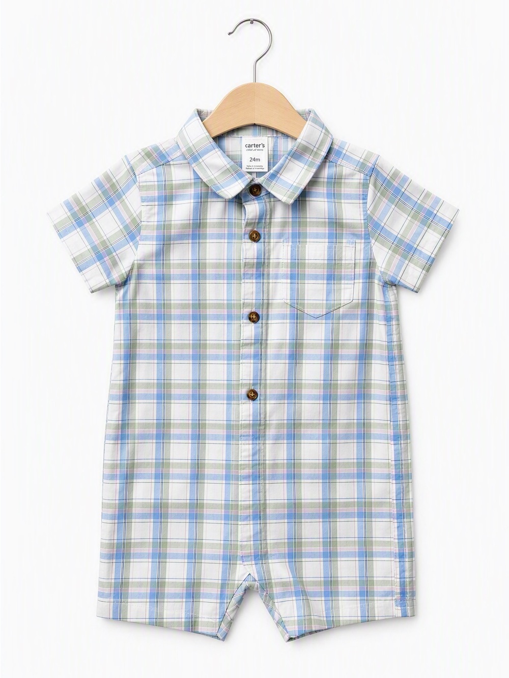 Child of Mine by Carter's Blue Plaid Collared Button Down Romper 24M Pastel Prep